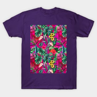 Cute tropical floral leaves botanical illustration, tropical plants,leaves and flowers, hot pink fuchsia leaves pattern T-Shirt